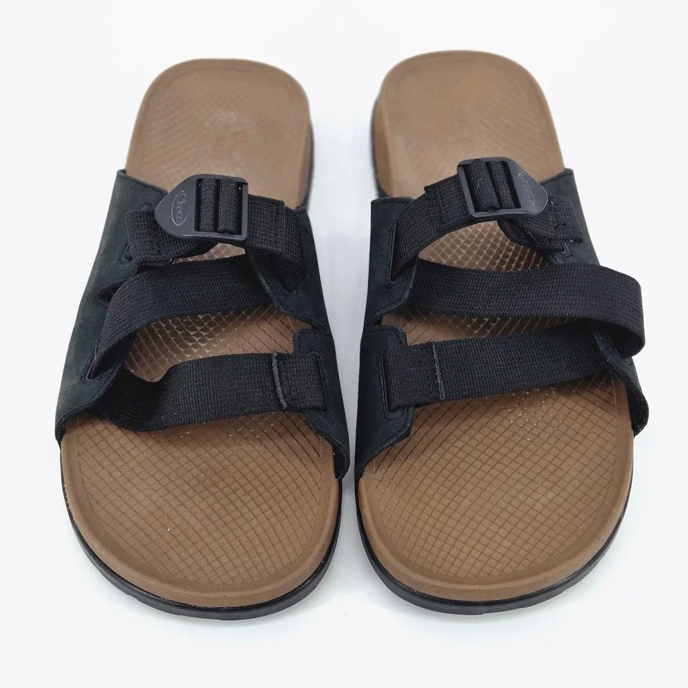 Chaco Men Lowdown Leather Slide Sandals Black Brown Water Travel Gorpcore 13 EUC